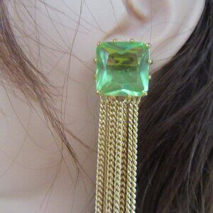Azul Collection green rhinestone & gold chains pierced shoulder duster earrings
